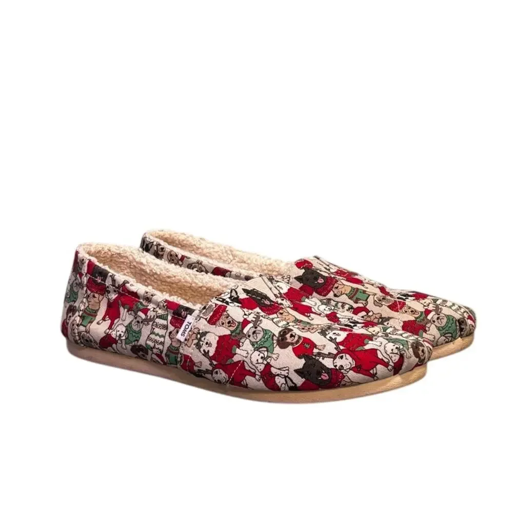 TOMS Classic Slip-On Shoes Women's Size 7 Christmas Sweater Dogs Print Lined